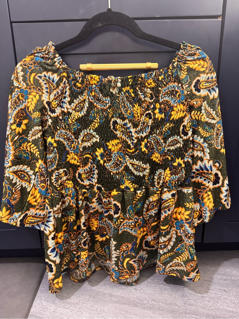 Smocked Off-Shoulder Paisley Tunic in Olive and Mustard